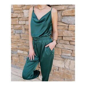 Forever 21 Womens Jumpsuit Size L Green w/Tie V-Neck Straps Sleeveless